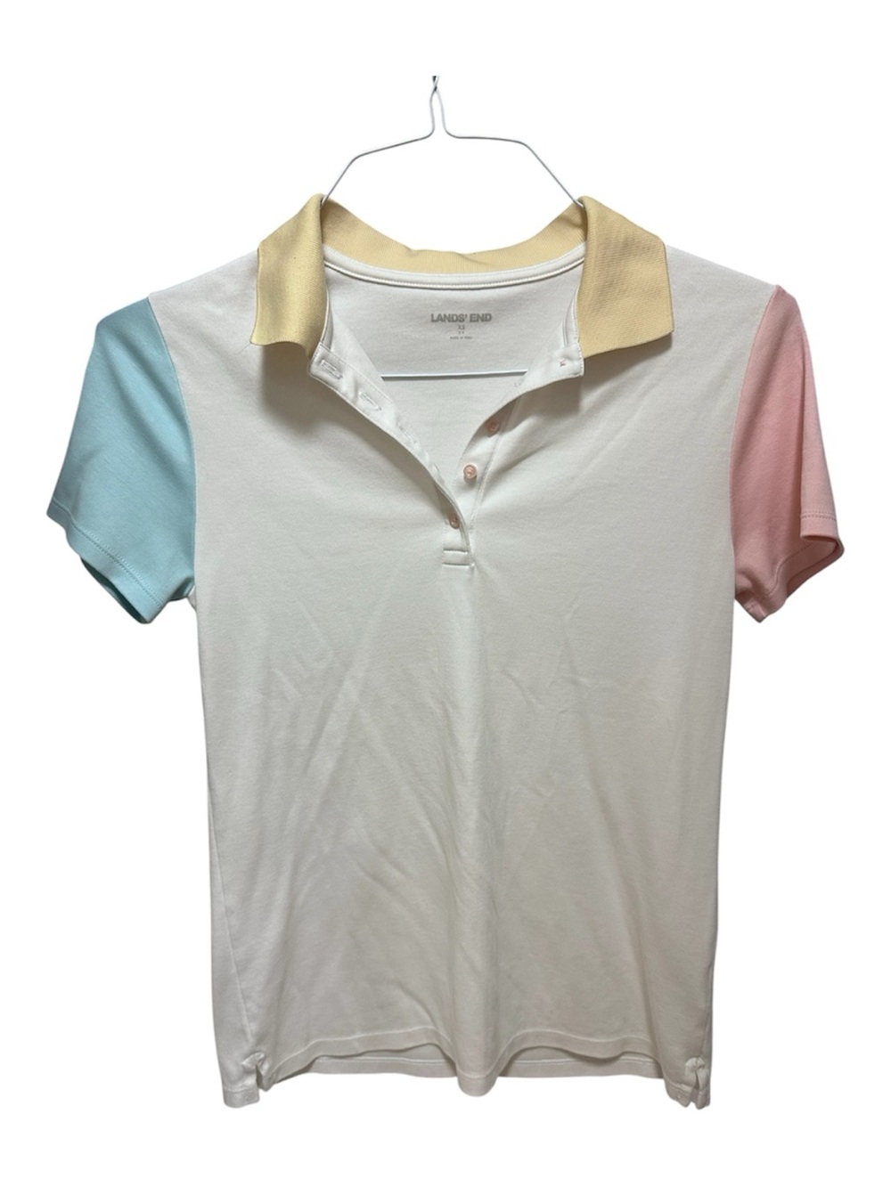 Lands' End White Polo with Pastel Blue & Pink Sleeves and Pale Yellow Collar